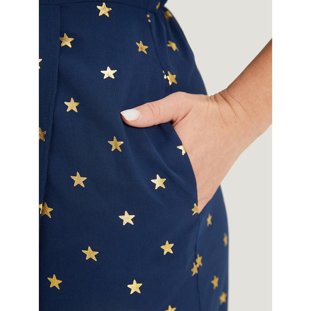 Plus Size Star Wrap Ties Pocket Ruffle Sleeve Dress Indigo Women Party Wrap Overlap Collar Sleeveless Curvy Midi Dress BloomChic 14-16/1X Product Image