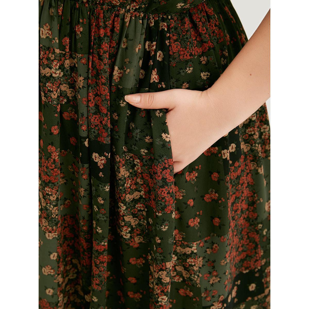 Plus Size Floral Print Pocket Contrast Tank Dress ArmyGreen Women Vacation Printed V-neck Sleeveless Curvy Midi Dress BloomChic 10/M Product Image