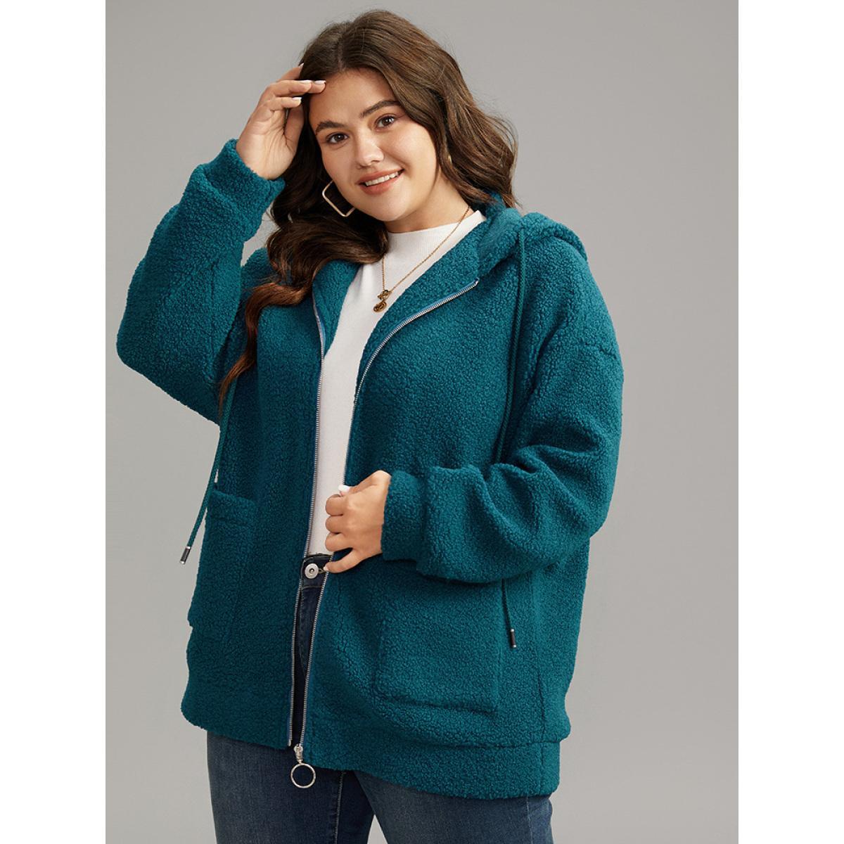 Plus Size Plain Texture O Ring Zipper Hooded Drawstring Jacket Women Aegean Texture Pocket Everyday Jackets BloomChic 22-24/3X Product Image