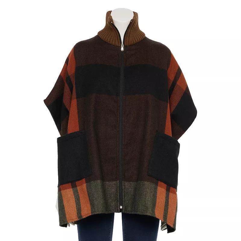 Womens Nine West Block Plaid Topper with Knit Collar and Pocket, Red Product Image