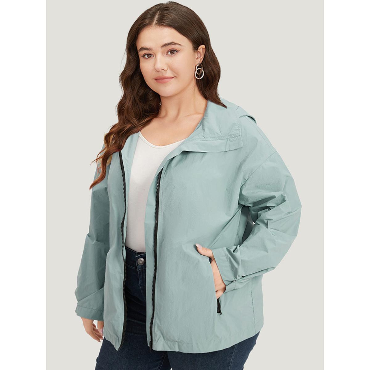 Plus Size Plain Hooded Pocket Zipper Fly Jacket Women SlateGray Plain Pocket Dailywear Jackets BloomChic 26/4X Product Image