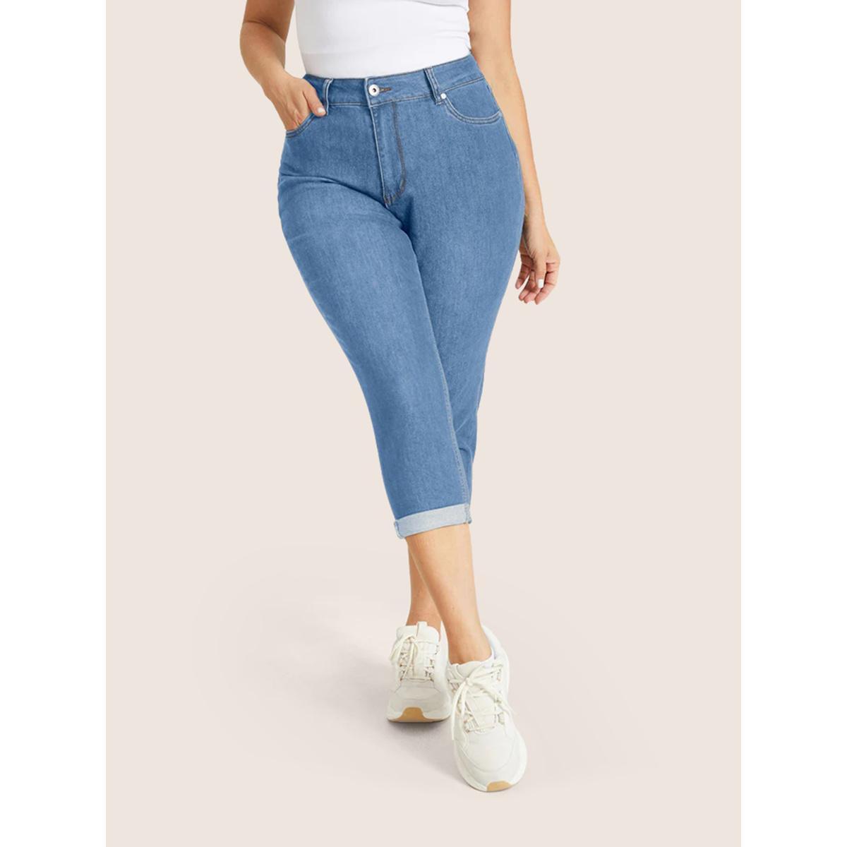 Plus Size Very Stretchy High Rise Dark Wash Cropped Jeans Women LightBlue Casual Plain High stretch Slanted pocket Jeans BloomChic 12/L Product Image