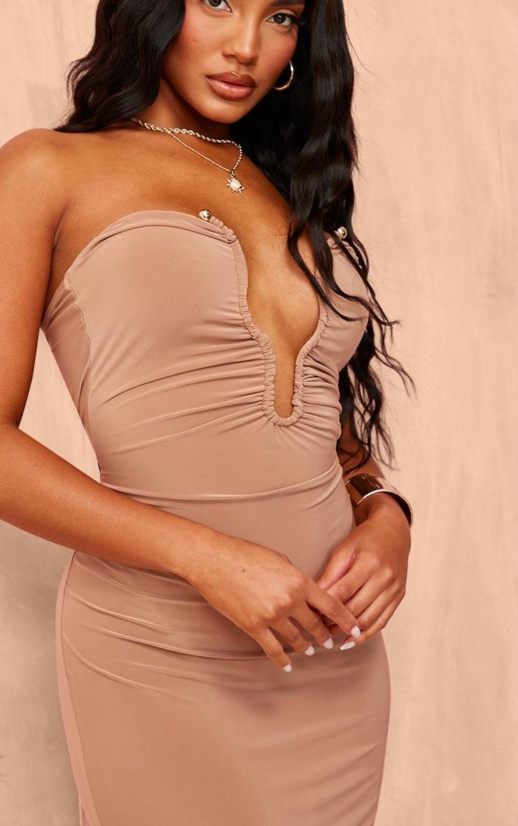 Mocha Soft Touch Plunge Trim Detail Bandeau Maxi Dress Product Image