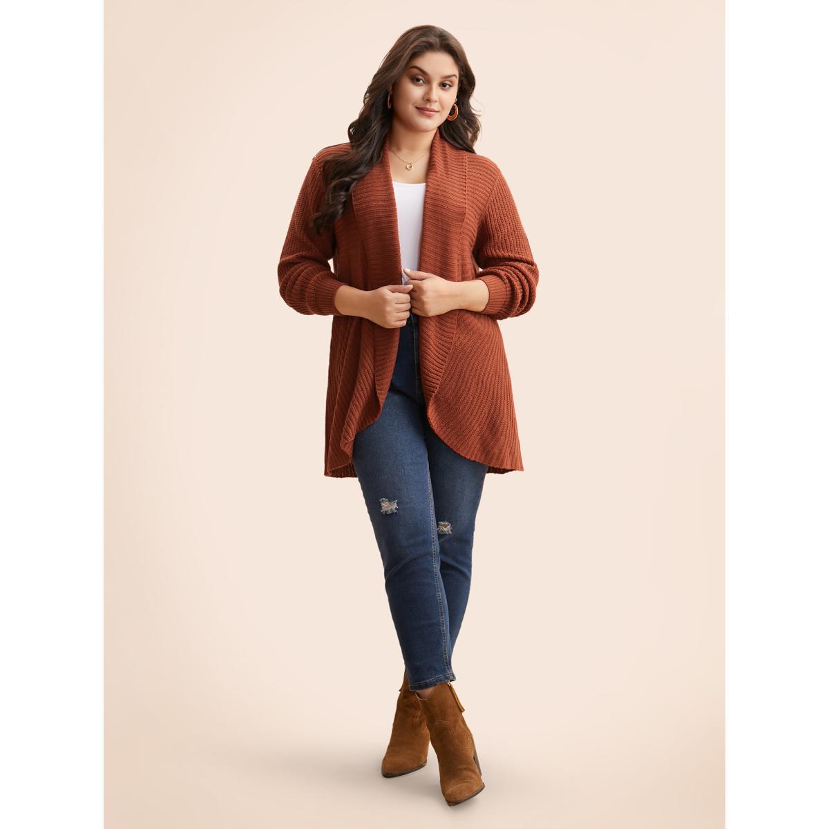 Plus Size Kimono Collar Texture Cable Knit Cardigan Russet Women Casual Loose Long Sleeve Everyday Cardigans BloomChic 30/6X Product Image