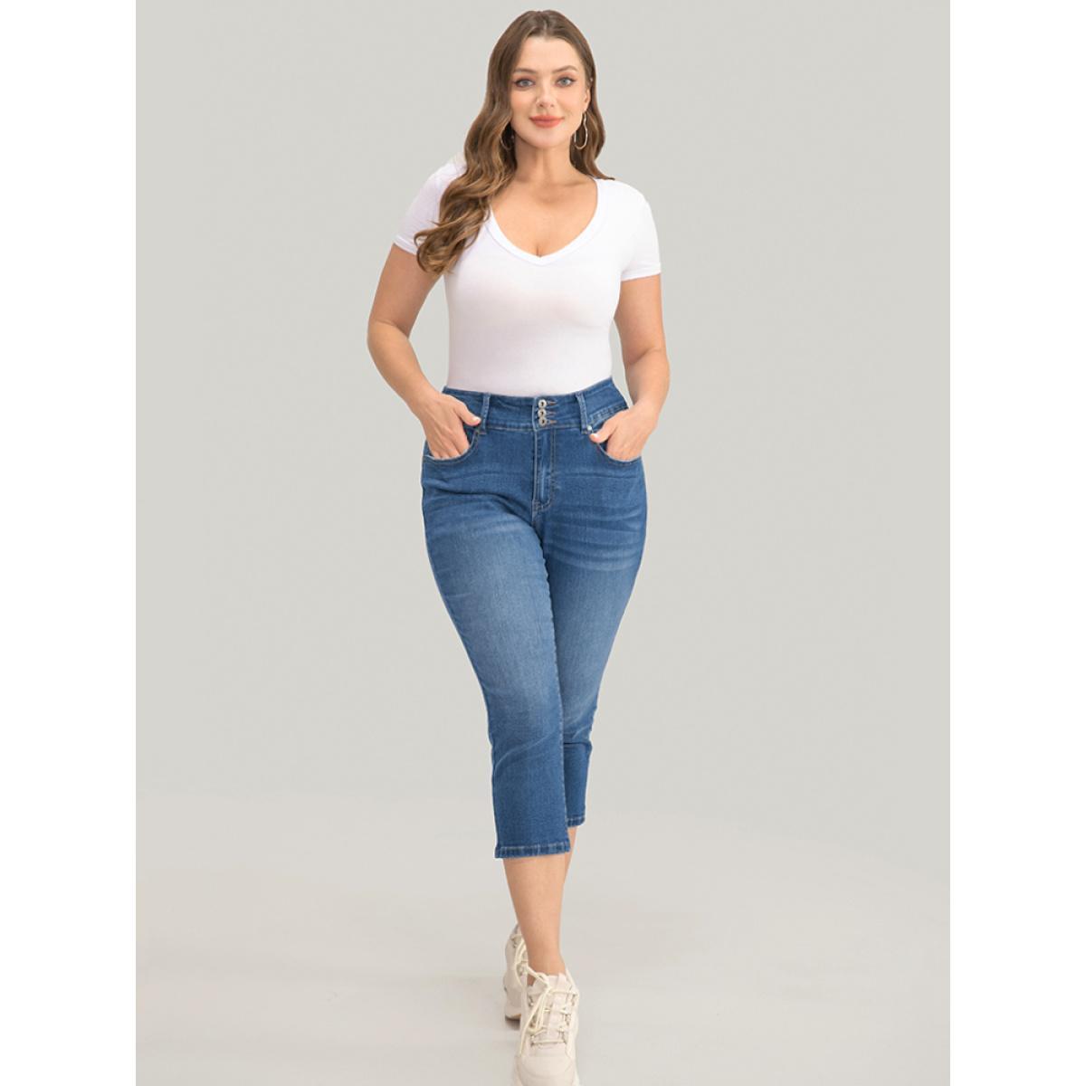 Plus Size Very Stretchy High Rise Medium Wash Cropped Jeans Women Cerulean Casual Plain High stretch Jeans BloomChic 18/2X Product Image