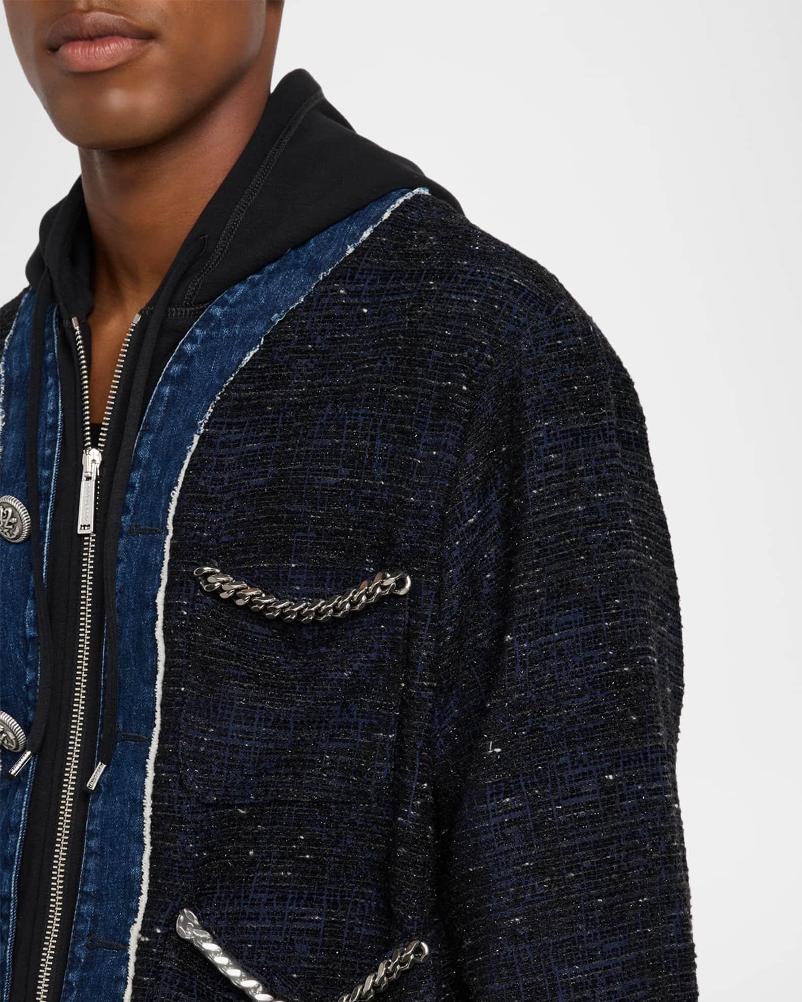 Men's Denim Boucle Chain-Trim Hoodie Jacket Product Image