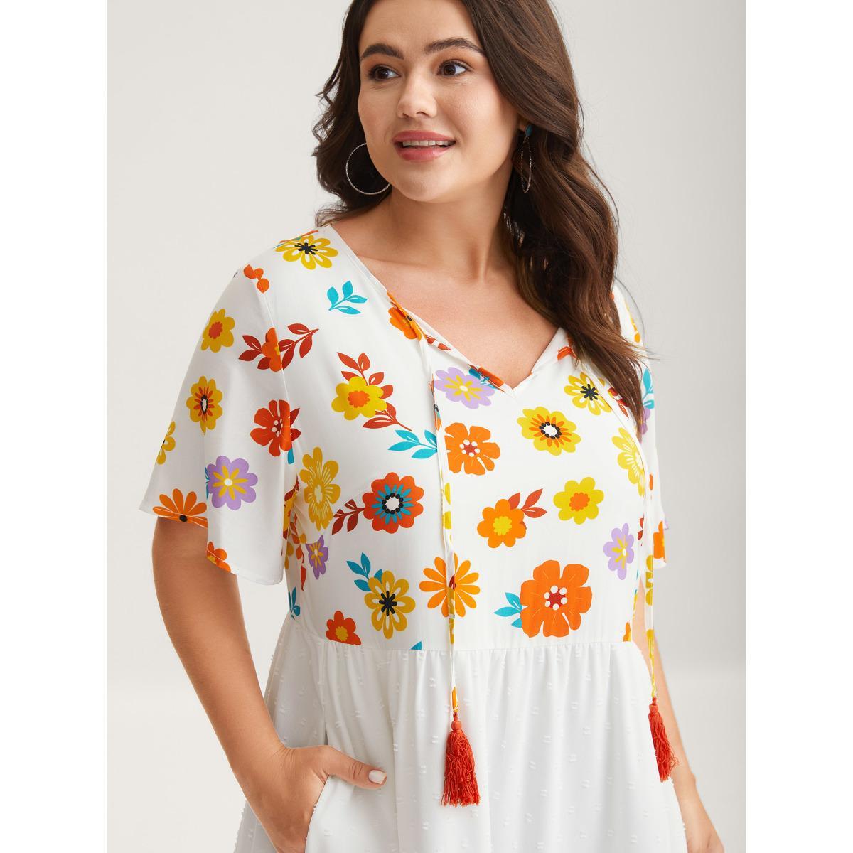 Plus Size Colorful Florals Spliced Pockets Midi Dress Brightred Women Notched collar Short sleeve Curvy BloomChic 14-16/1X Product Image