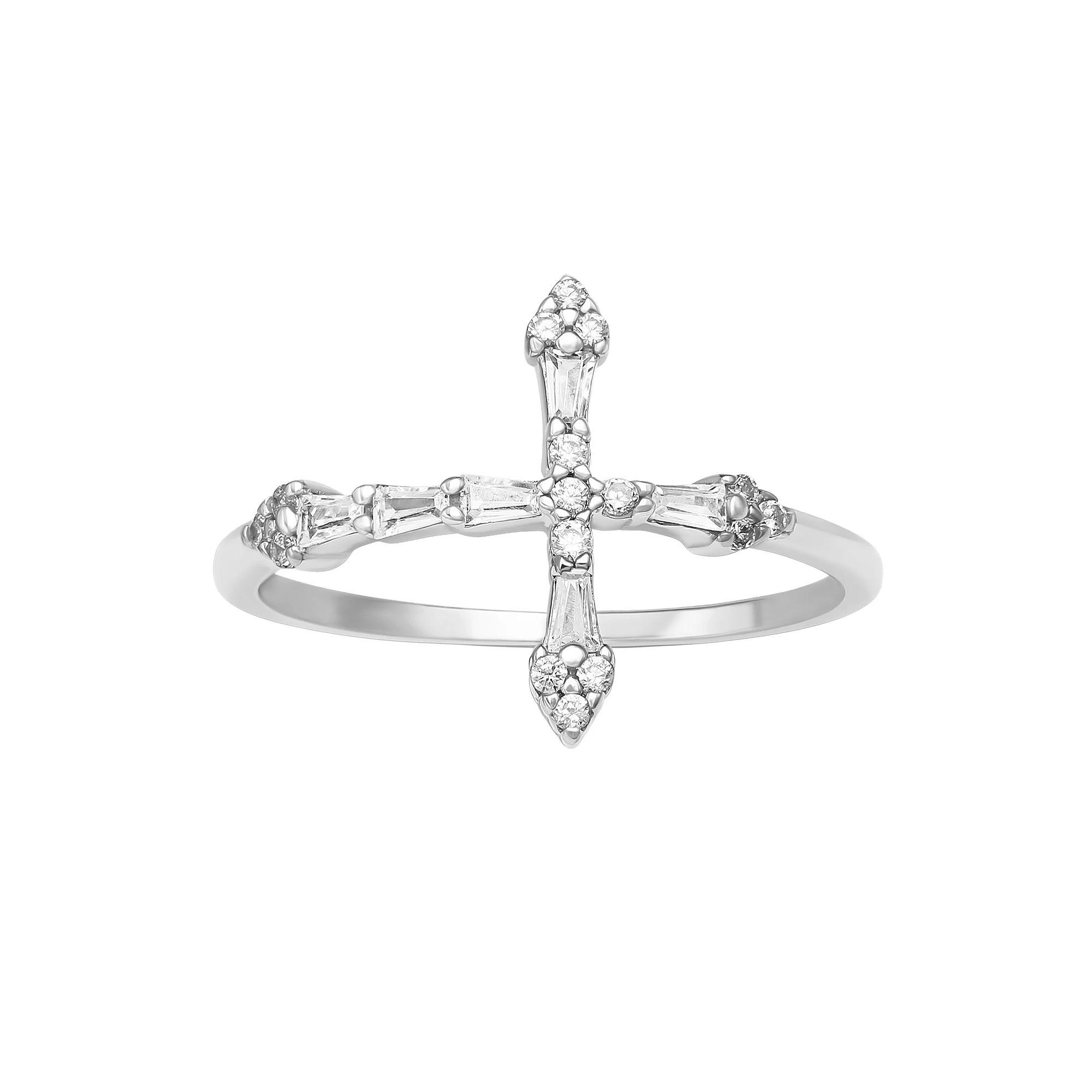 PRIMROSE Sterling Silver Cubic Zirconia Baguette Sideways Cross Ring, Women's, Size: 8 Product Image