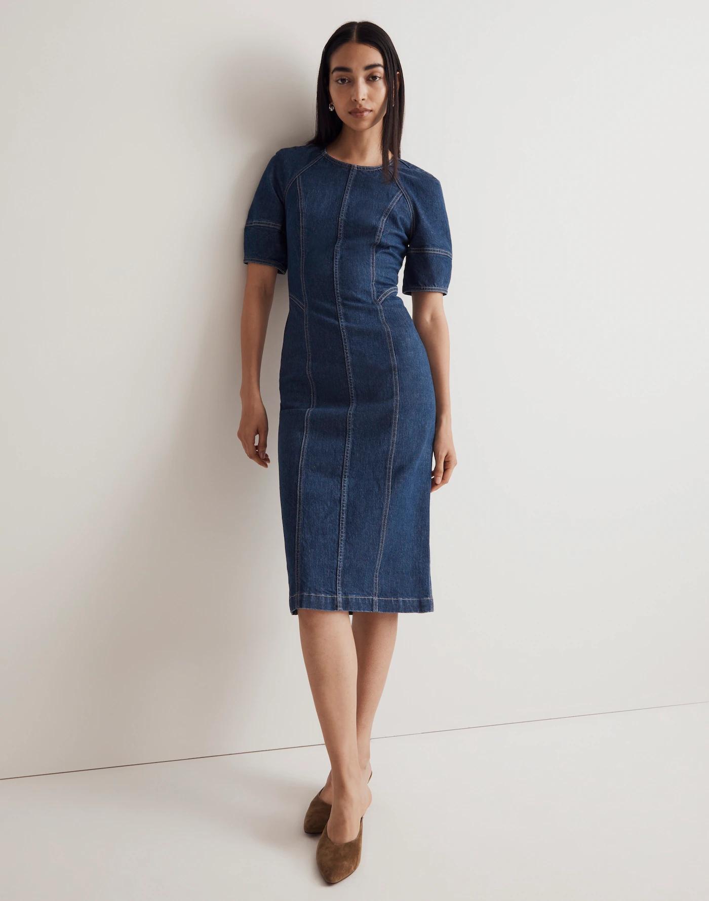 Denim Puff-Sleeve Midi Dress in Allister Wash Product Image
