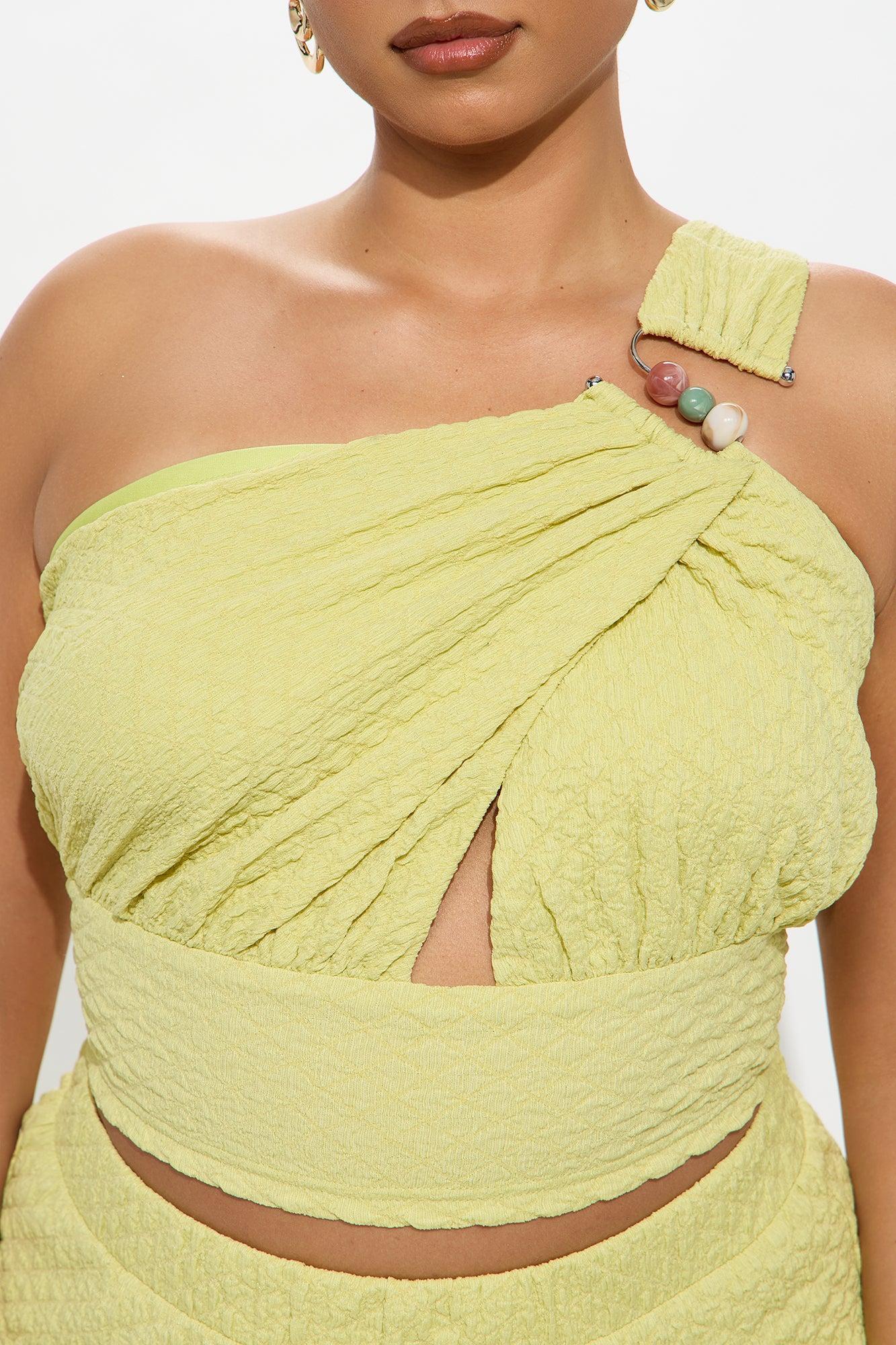 Aza One Shoulder Textured Flare Pant Set - Chartreuse Product Image