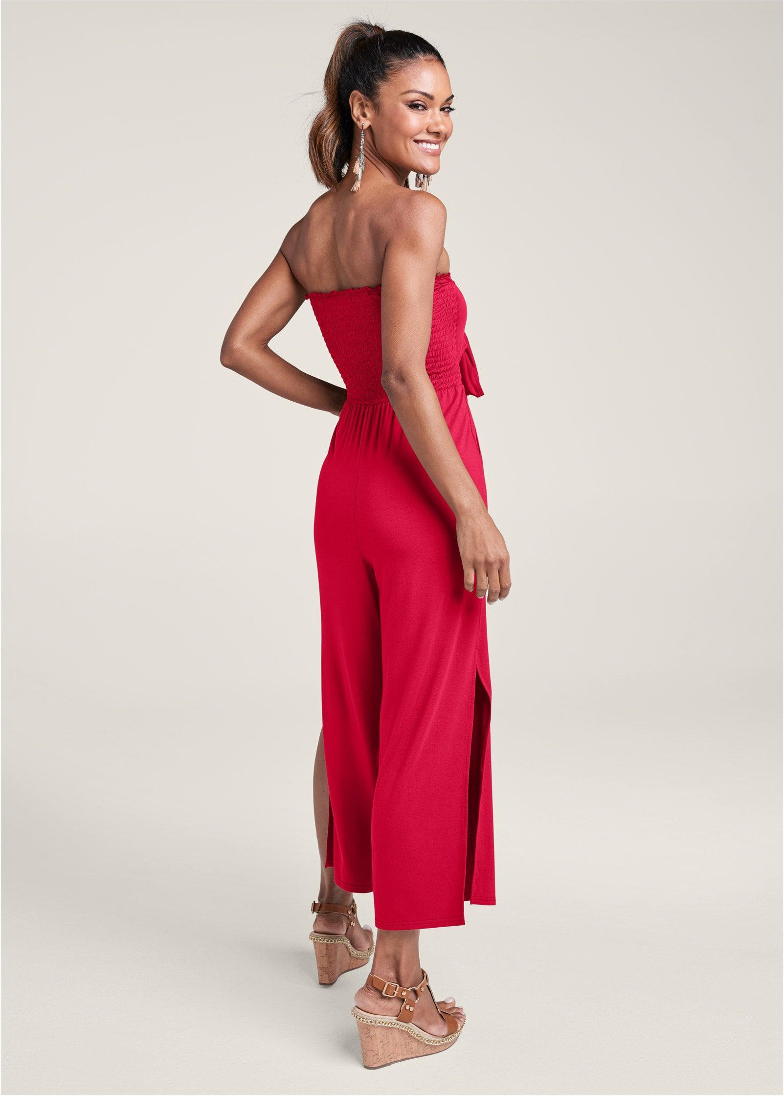 Smocked Tie-Front Jumpsuit - Red Product Image