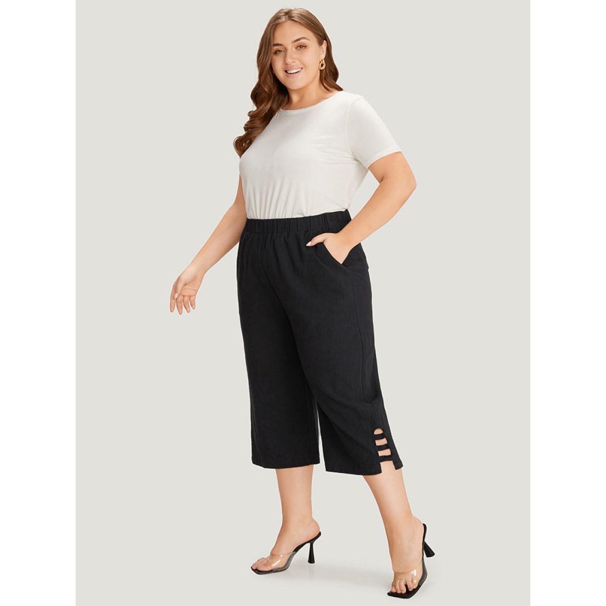 Plus Size Solid Cut Out Pocket Loose Cropped Pants Women Black Elegant Straight Leg High Rise Dailywear Pants BloomChic 22-24/3X Product Image