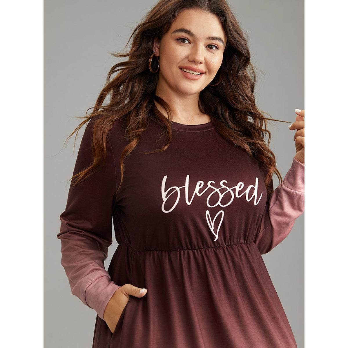 Plus Size Letter Tie Dye Gathered Elastic Waist Dress Scarlet Women Casual Gathered Round Neck Long Sleeve Curvy Midi Dress BloomChic 12/L Product Image