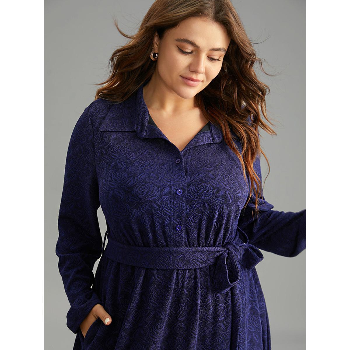 Plus Size Graphic Jacquard Shirt Collar Belted Dress Indigo Women Office Texture Shirt collar Long Sleeve Curvy Midi Dress BloomChic 22-24/3X Product Image