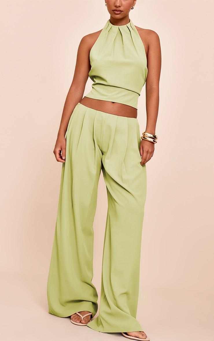 Pale Lime Woven Pleated Low Rise Wide Leg Pants Product Image