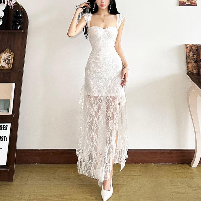 Sleeveless Square-Neck Plain Lace Ruffled-Trim Slim-Fit Midi Bodycon Dress Product Image