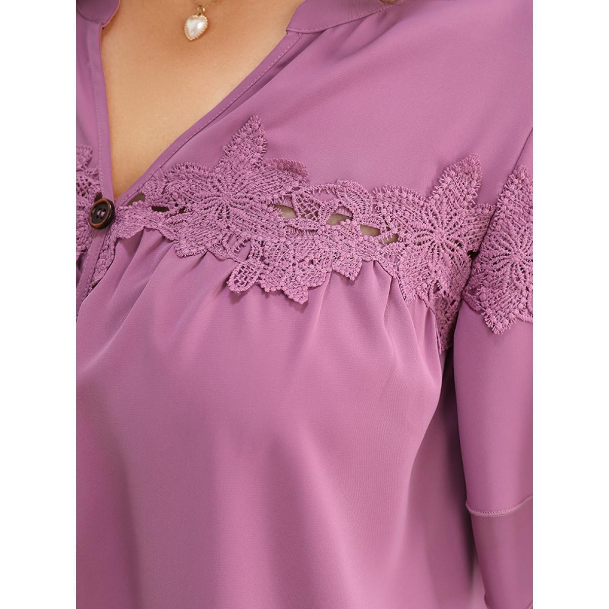 Plus Size Mauve Floral Patchwork Button Detail Ruffle Tiered Sleeve Blouse Women Elegant Short sleeve V-neck Dailywear Blouses BloomChic 28/5X Product Image