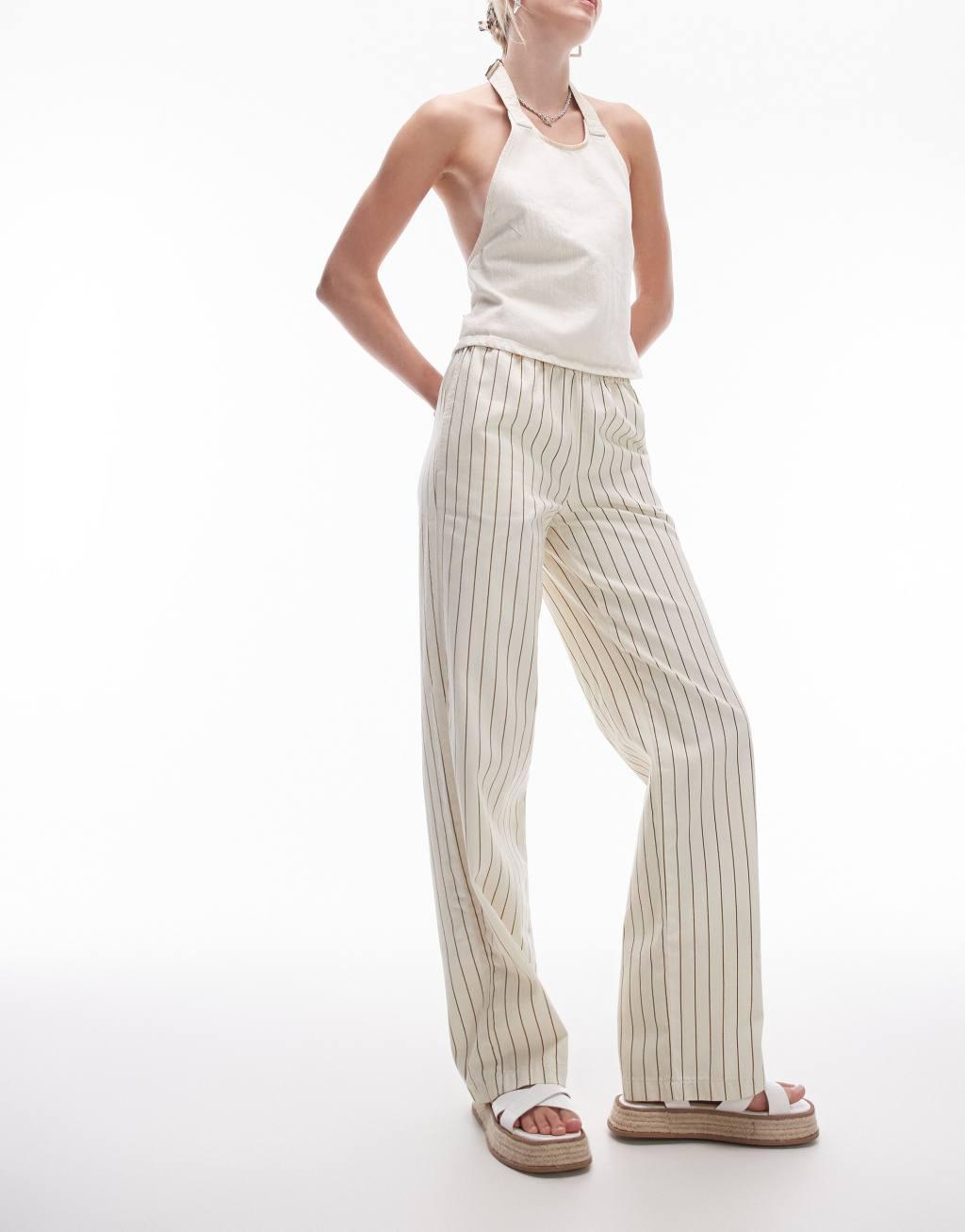 Topshop Tall stripe pull on straight leg pants in ecru Product Image
