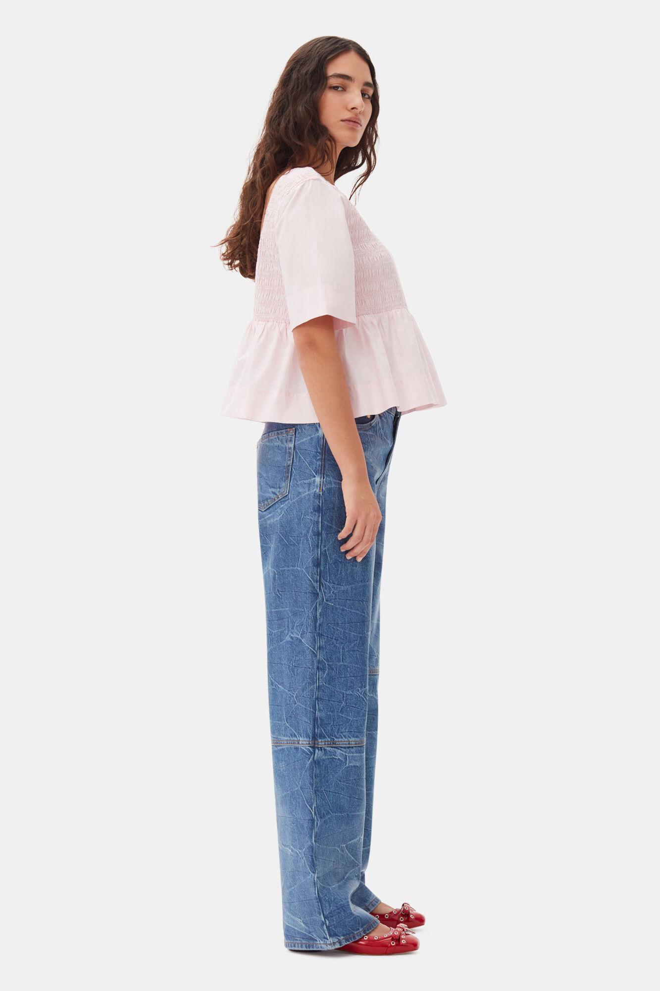 Pink Cotton Poplin Open Back Smock Blouse Product Image