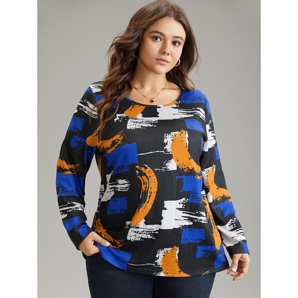 Plus Size Brush Print Contrast Round Neck T-shirt Black Women Elegant Contrast Colorblock Round Neck Dailywear T-shirts BloomChic 14-16/1X Product Image