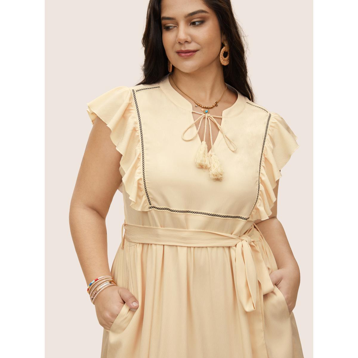 Plus Size Notch Ruffle Cap Sleeve Woven Ribbon Tassels Dress Apricot Women Resort Woven ribbon&lace trim Flat collar with V-notch Cap Sleeve Curvy Midi Dress BloomChic 14-16/1X Product Image