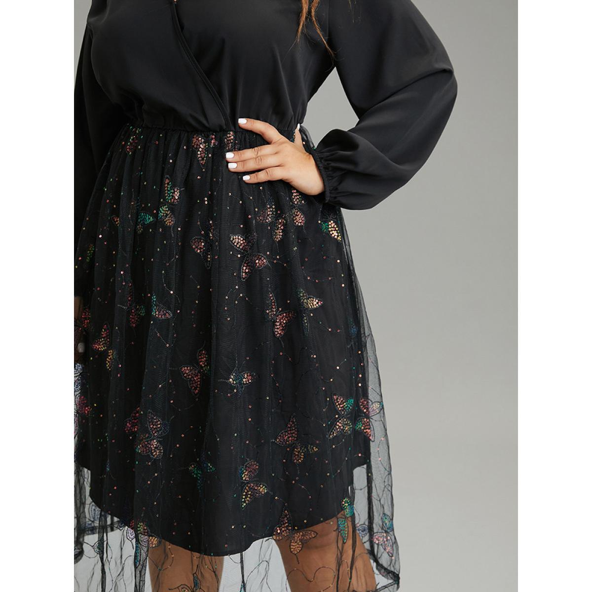 Plus Size Butterfly Patchwork Lace Mesh Wrap Sequin Dress Black Women Elegant Sequin Overlap Collar Long Sleeve Curvy Midi Dress BloomChic 10/M Product Image