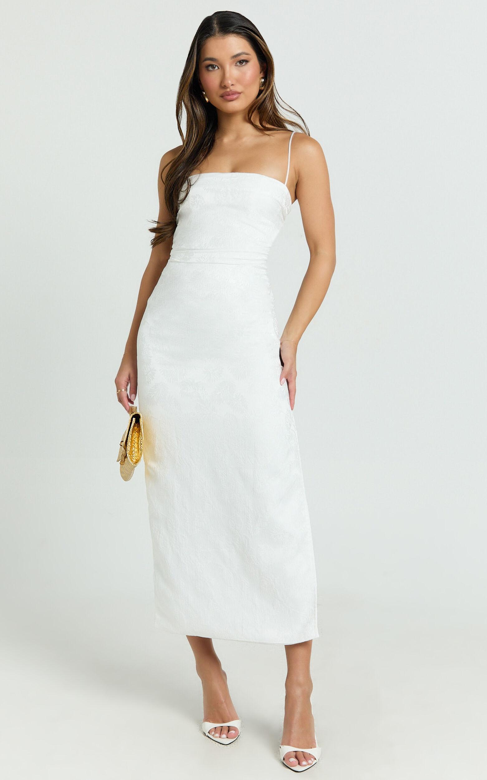 Indiana Midi Dress - Jacquard Square Neck Lace Back Fitted Dress in White Product Image