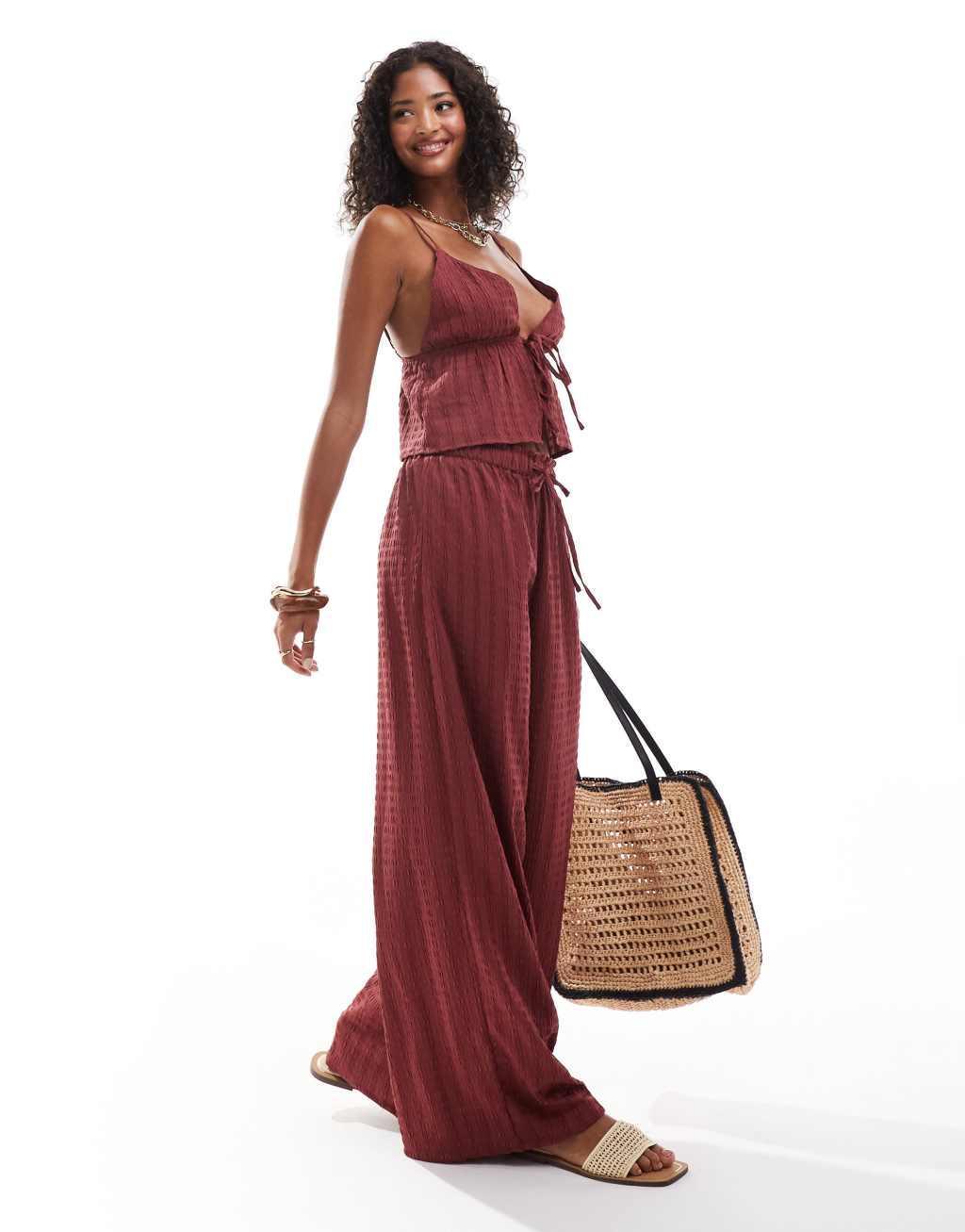 Esmee Exclusive beach textured tie front top in cherry red - part of a set Product Image