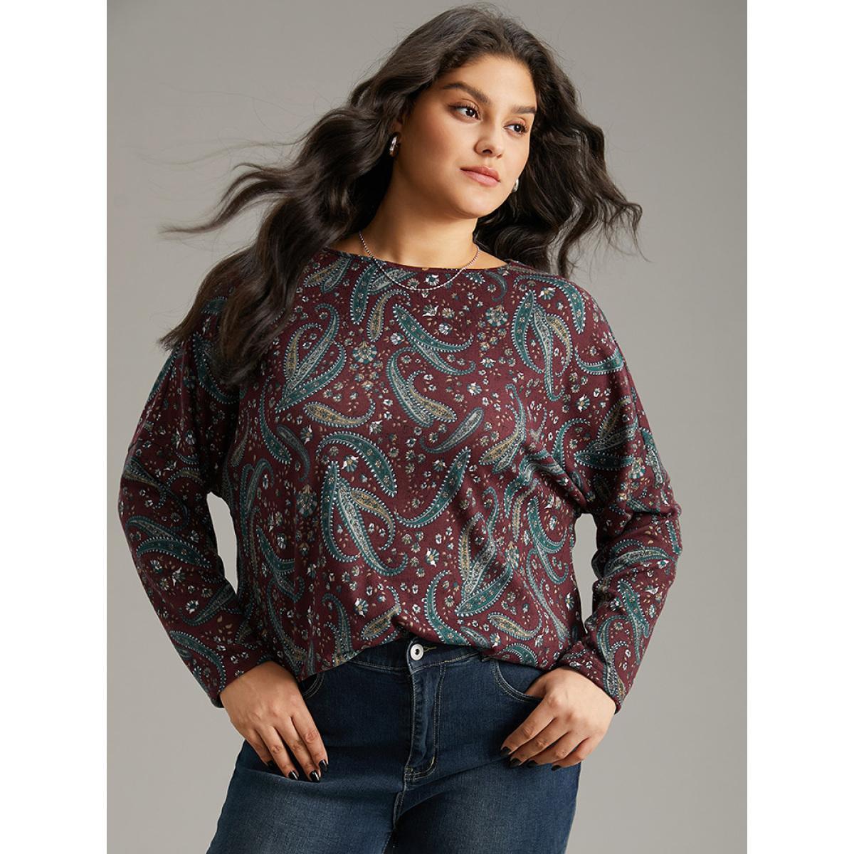 Plus Size Paisley Print Round Neck Slightly Stretchy T-shirt Burgundy Women Elegant Printed Paisley Round Neck Dailywear T-shirts BloomChic 22-24/3X Product Image