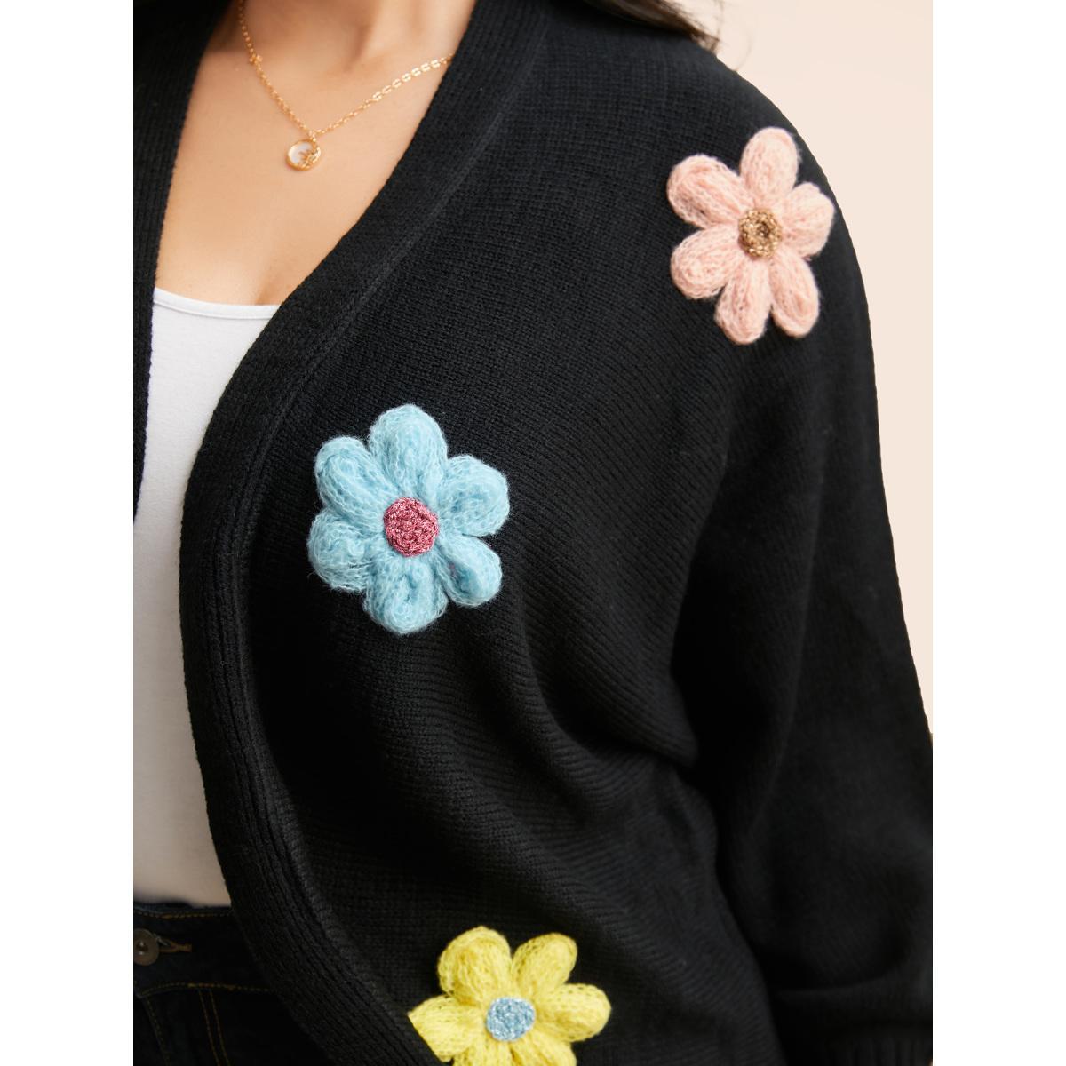 Plus Size Stereo Flower Design Drop Shoulder Cardigan Black Women Casual Loose Long Sleeve Everyday Cardigans BloomChic 18-20/2X Product Image