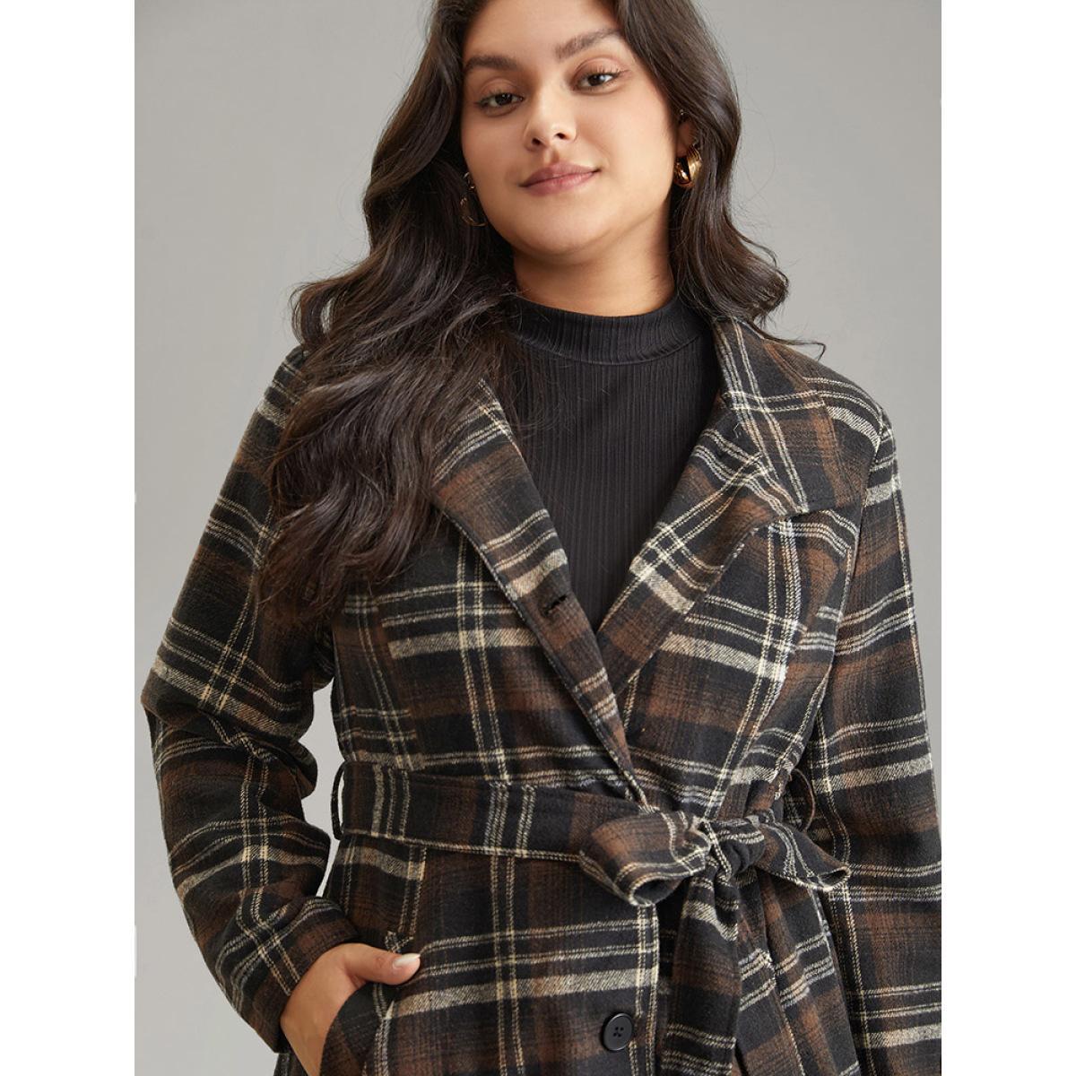 Plus Size Lapel Collar Plaid Button Through Belted Coat Women DarkBrown Elegant Lined Ladies Dailywear Winter Coats BloomChic 18-20/2X Product Image