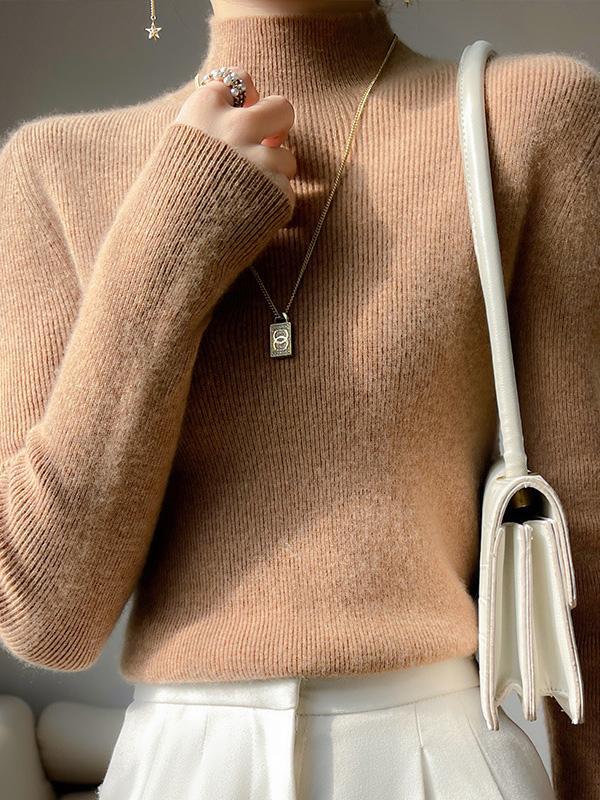 Casual Skinny Long Sleeves Solid Color Half Turtleneck Sweater Tops Product Image