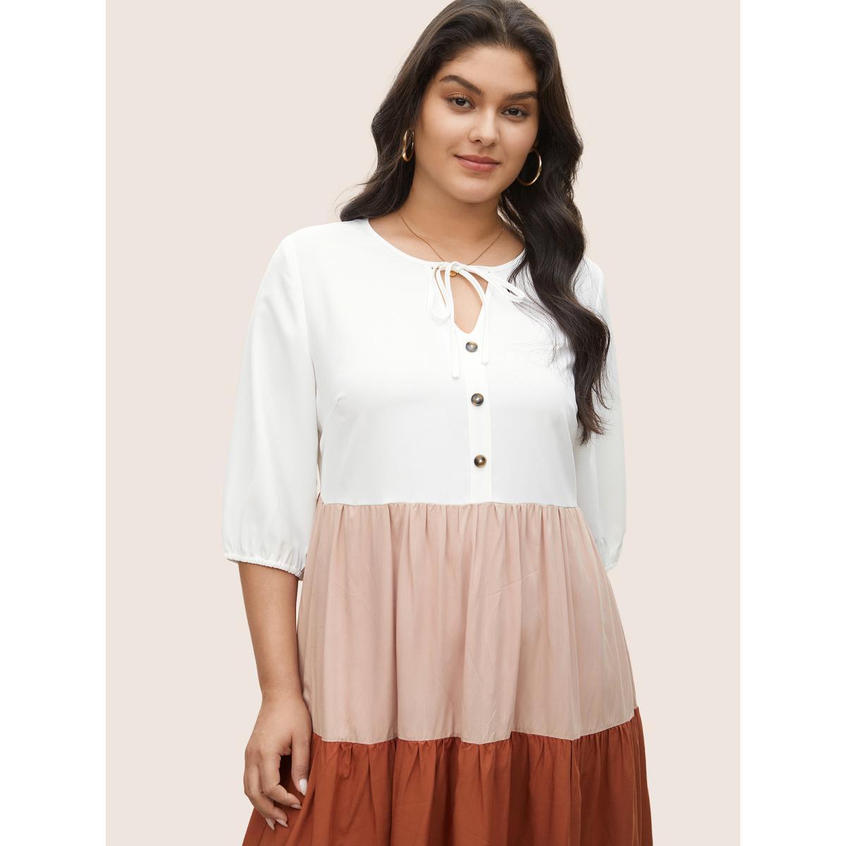 Plus Size Colorblock Contrast Patchwork Tie Neck Dress Multicolor Women Casual Non V-neck Elbow-length sleeve Curvy Midi Dress BloomChic 28/5X Product Image