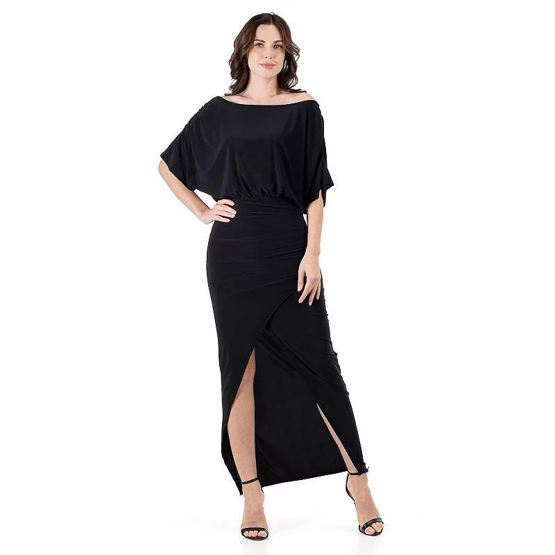 Women's 24Seven Comfort Apparel Long Sleeve Wide Boatneck Side Slit Maxi Dress, Size: Small, Red Product Image