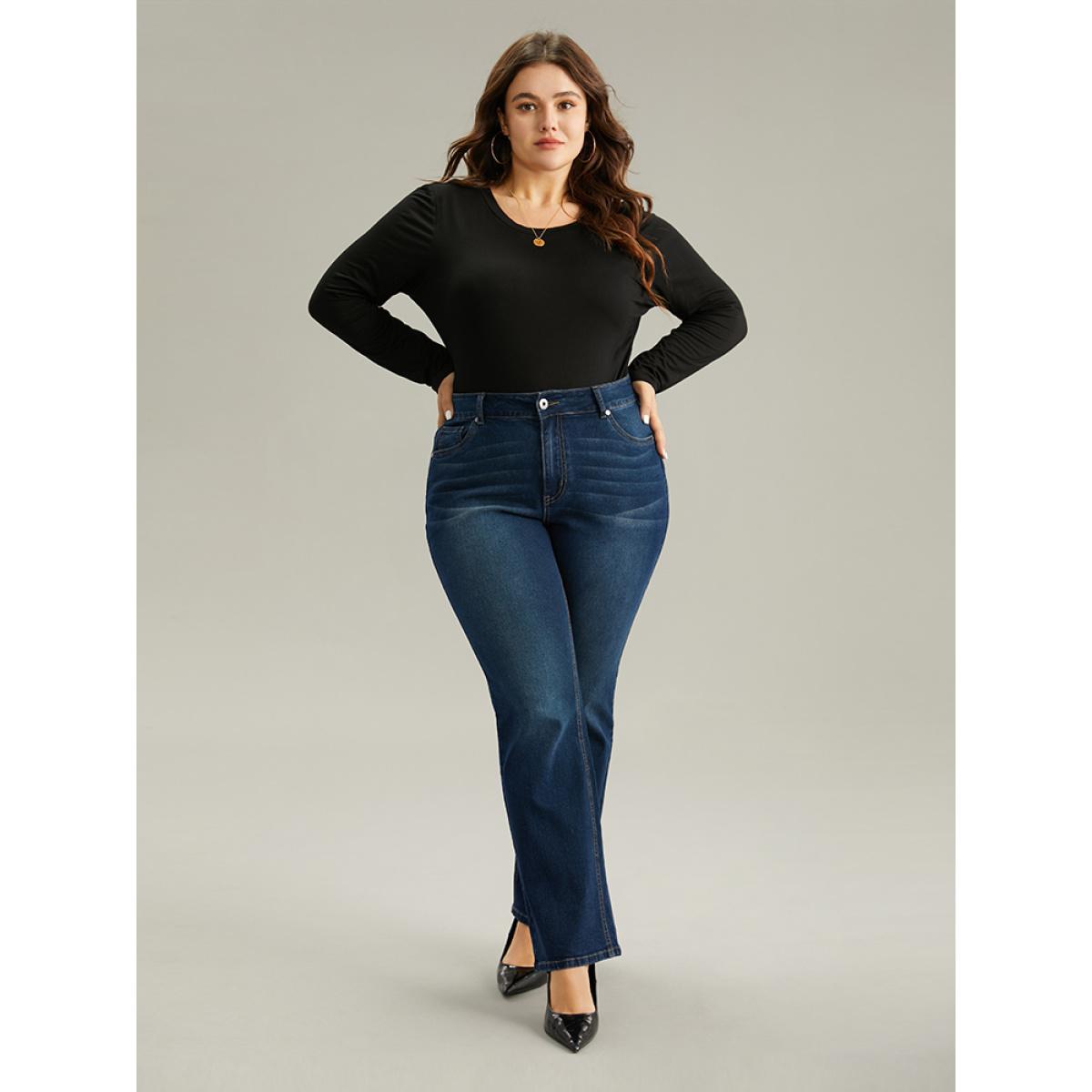 Plus Size Dark Wash Button Up Straight Leg Jeans Women DarkBlue Casual Plain Plain High stretch Pocket Jeans BloomChic 24/3X Product Image