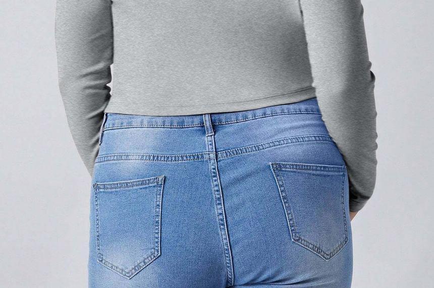 Plus Size Long-Sleeve Off-Shoulder Melange Crop Slim Fit Tee Product Image