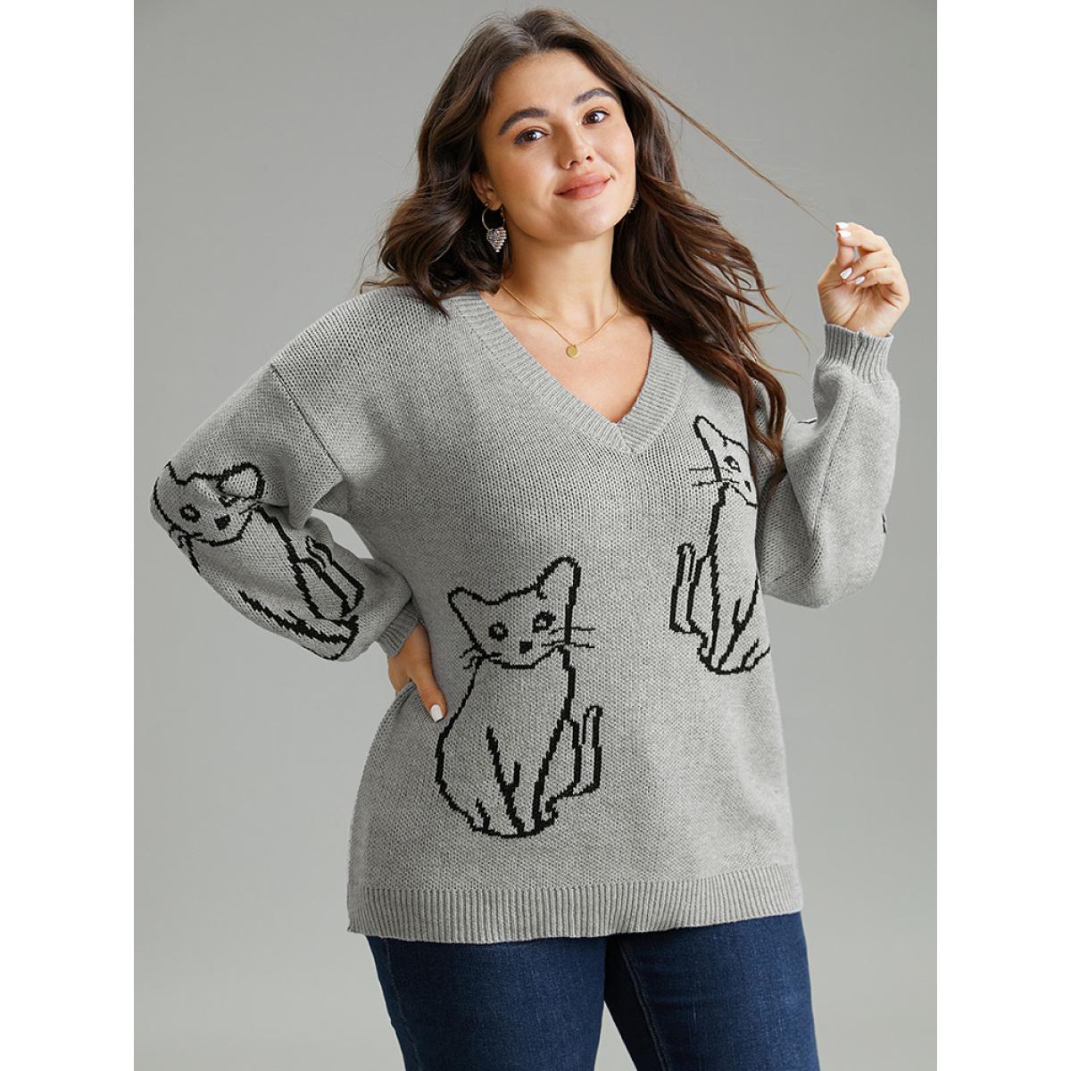 Plus Size Supersoft Essentials Cat Print V Neck Pullover DarkGray Women Casual Long Sleeve V-neck Dailywear Pullovers BloomChic 14-16/1X Product Image