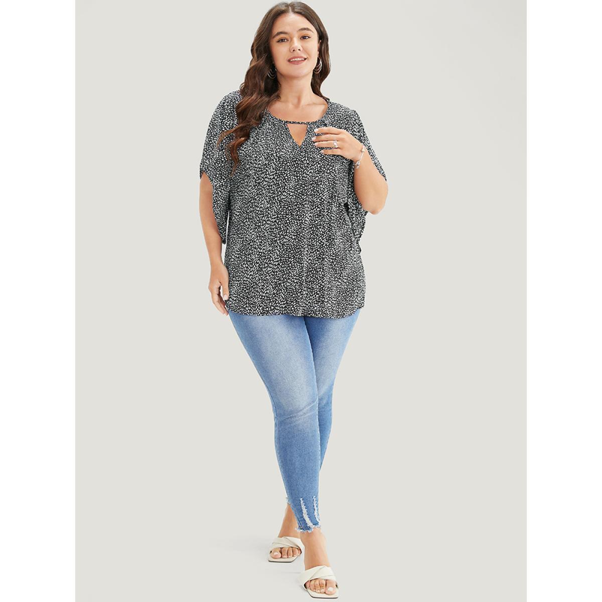 Plus Size Black Polka Dot Ruffle Sleeve Keyhole Neck Blouse Women Elegant Short sleeve Round Neck Dailywear Blouses BloomChic 22-24/3X Product Image