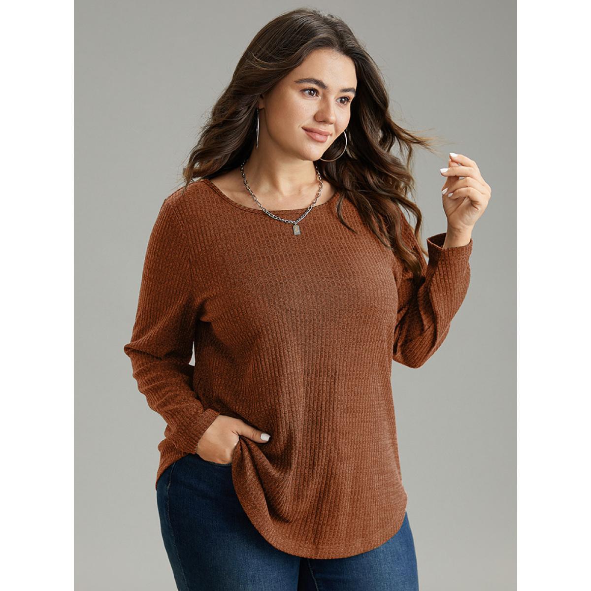 Plus Size Rib Knit Solid Crew Neck Button Detail T-shirt Bronze Women Casual Texture Plain Round Neck Dailywear T-shirts BloomChic 10/M Product Image