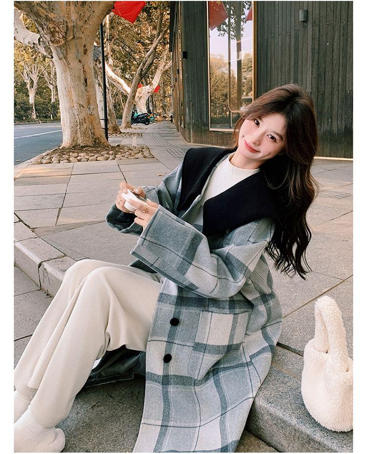 Collared Plaid Button-Up Long Coat Product Image