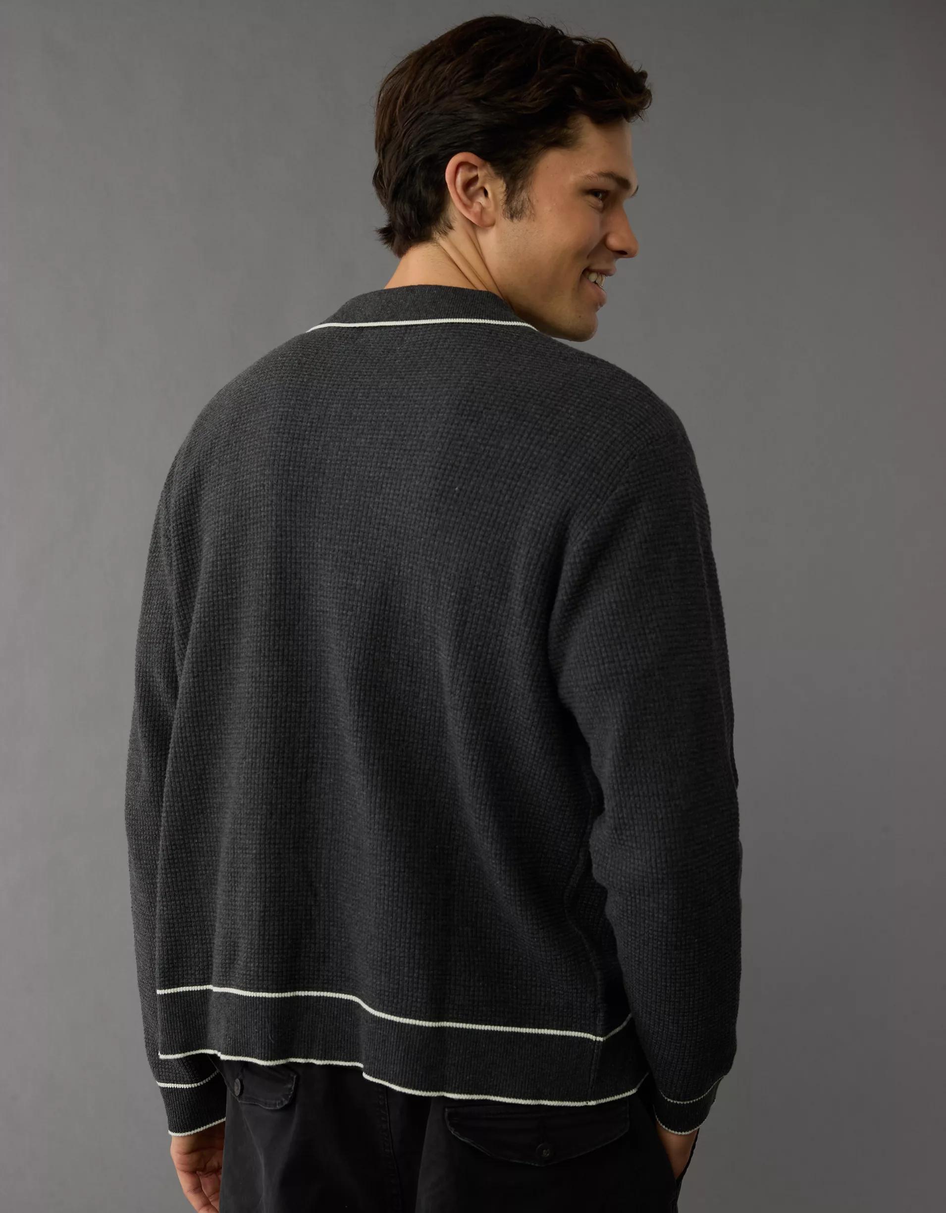 AE Long-Sleeve Tipped Waffle Sweater Polo Shirt Product Image