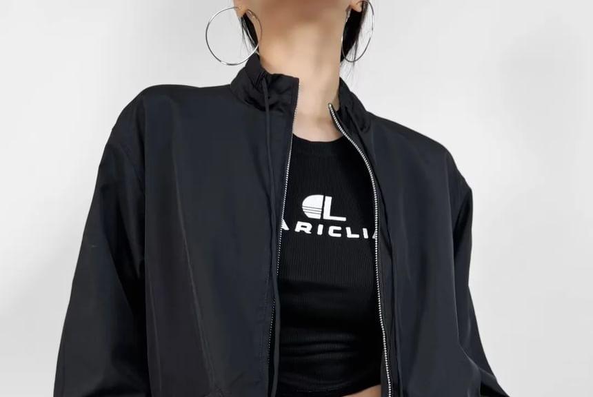 Stand Collar Plain Drawstring Zip Jacket Product Image