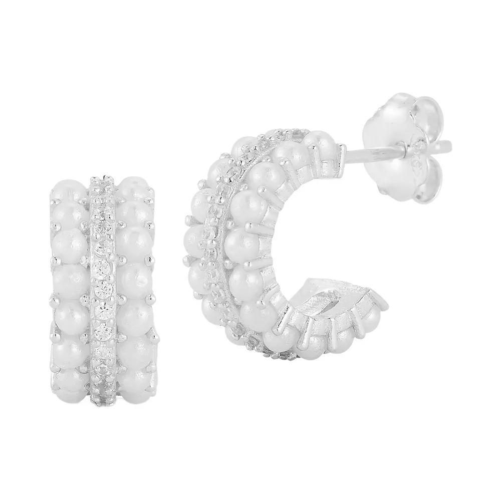 Sunkissed Sterling Sterling Silver Cubic Zirconia & Freshwater Cultured Pearl Huggie Earrings, Women's, Silver Tone Product Image