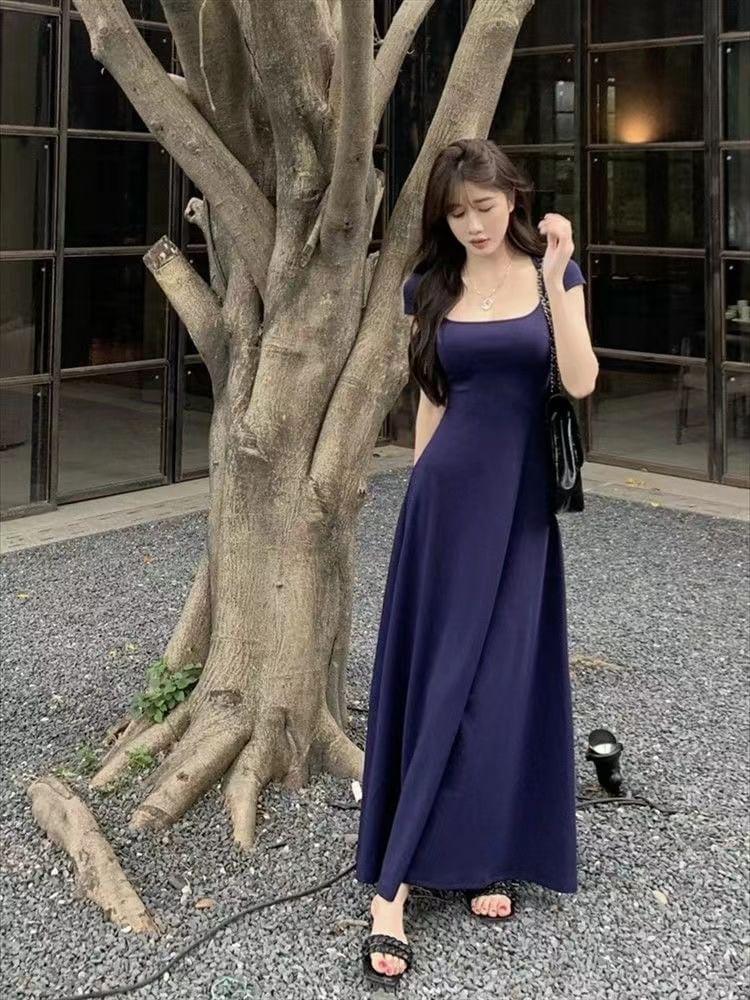 Cap Sleeve Square Neck Plain Maxi A-Line Dress Product Image
