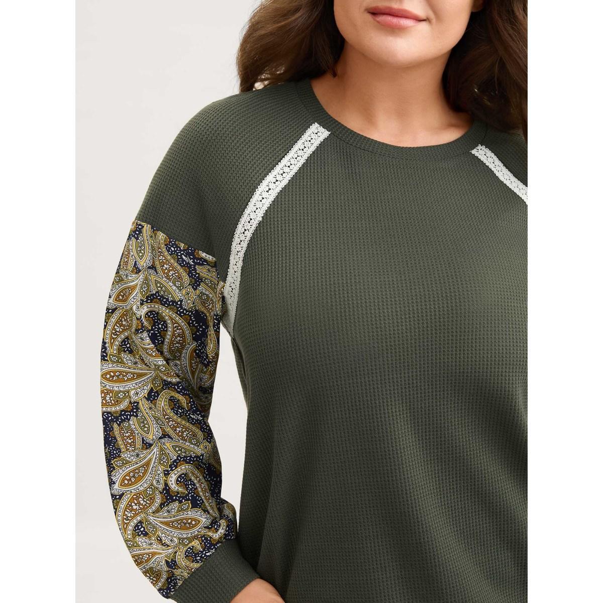 Plus Size Paisley Sleeve Textured Contrast Sweatshirt Women ArmyGreen Woven ribbon&lace trim Round Neck Everyday-Casual Sweatshirts BloomChic 12/L Product Image