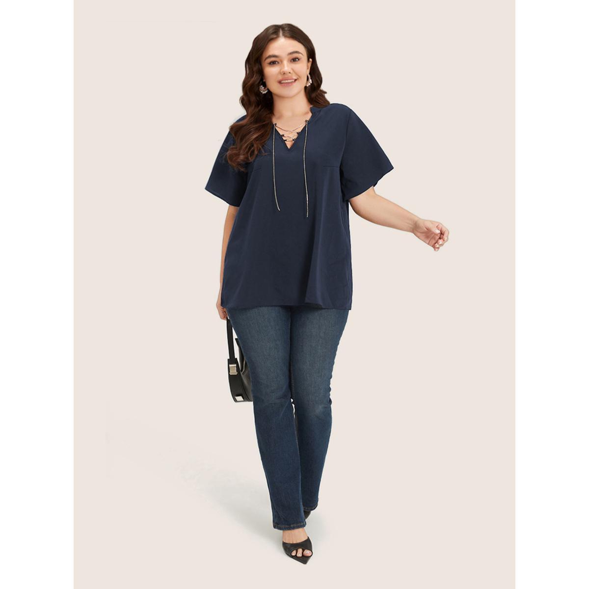 Plus Size Indigo Solid Crisscross Notched Metal Decor Blouse Women Office Short sleeve Notched collar Work Blouses BloomChic 18-20/2X Product Image