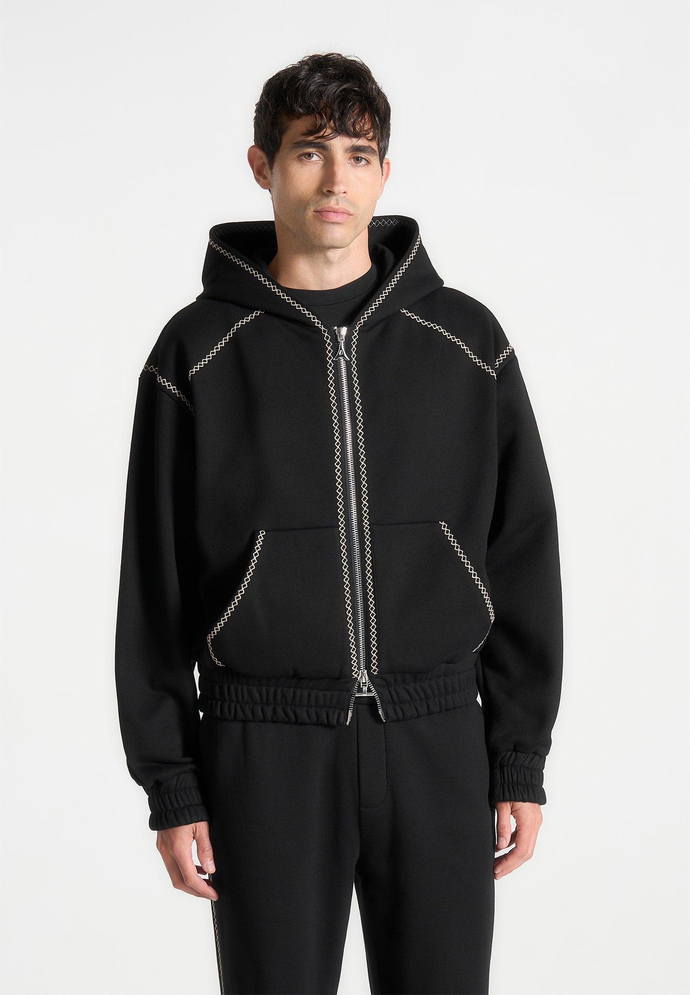 Ivan - Whipstitch Raglan Effect Zip Hoodie - Black Male Product Image