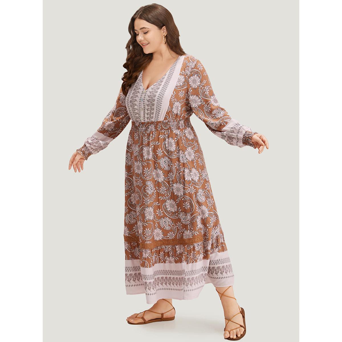 Plus Size Bandana Print Shirred Button Detail Dress Chocolate Women Resort Elastic cuffs V-neck Long Sleeve Curvy Midi Dress BloomChic 30/6X Product Image