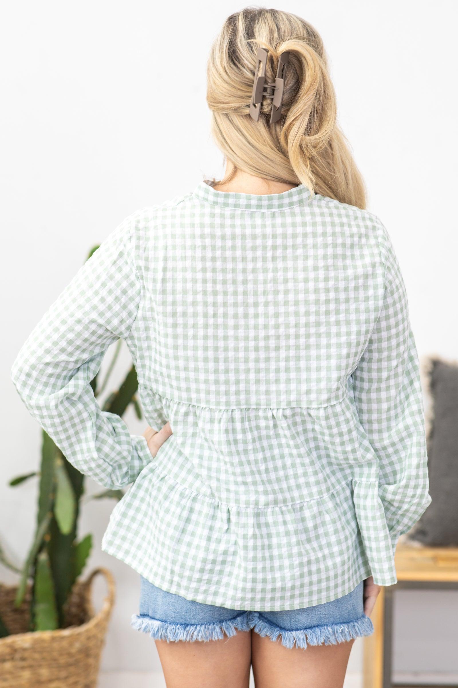 Sage Checkered Long Sleeve Button Up Woven Top Product Image
