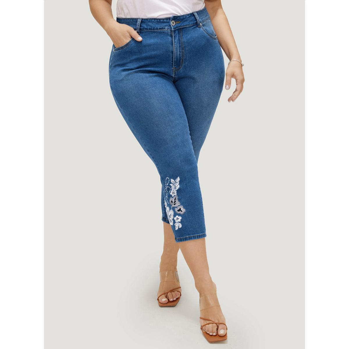 Plus Size Very Stretchy High Rise Medium Wash Embroidered Cropped Jeans Women LightBlue Casual Plain Embroidered High stretch Pocket Jeans BloomChic 30/6X Product Image